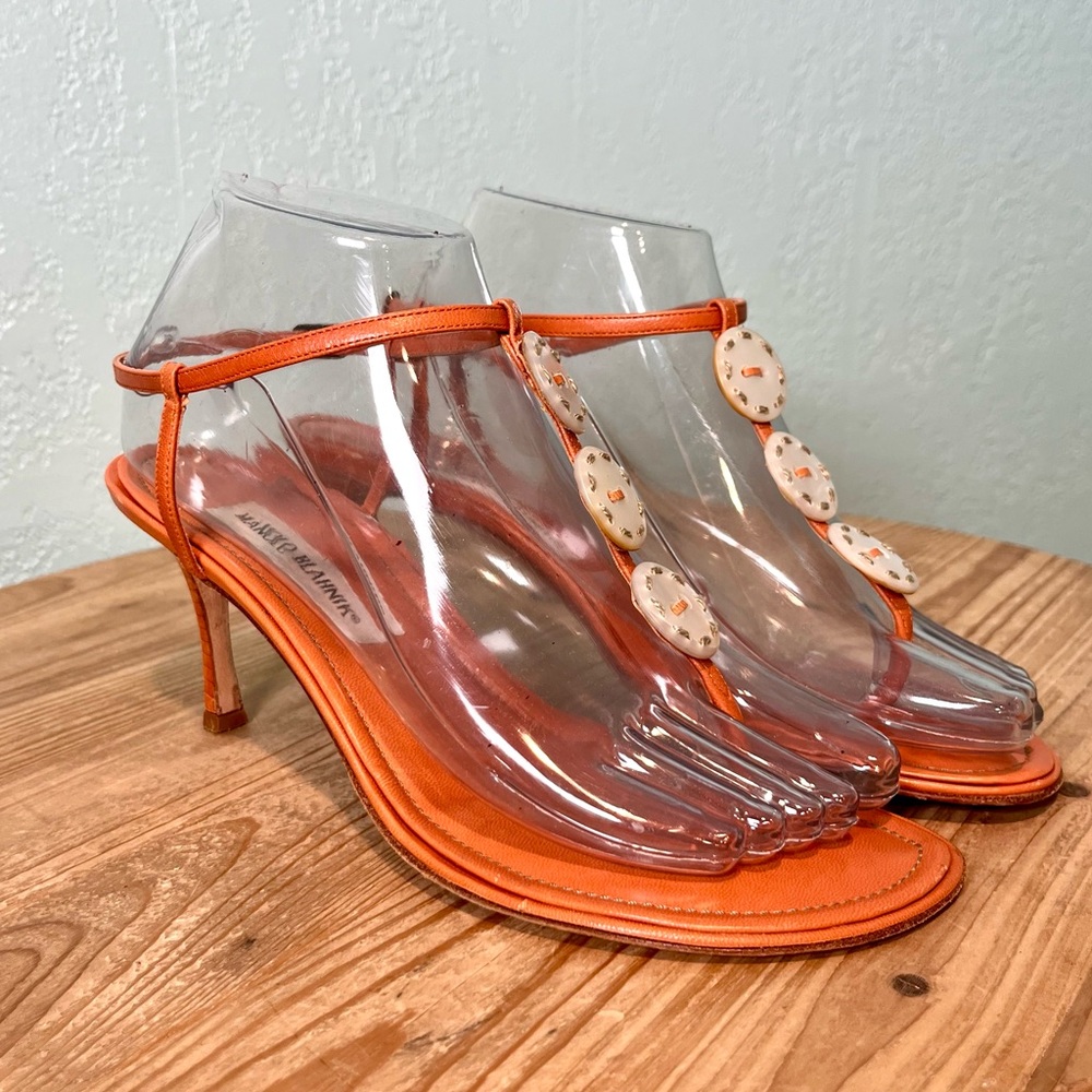 Manolo Blahnik Leather Strappy Thong Low Heels Embellished Sandals 39.5